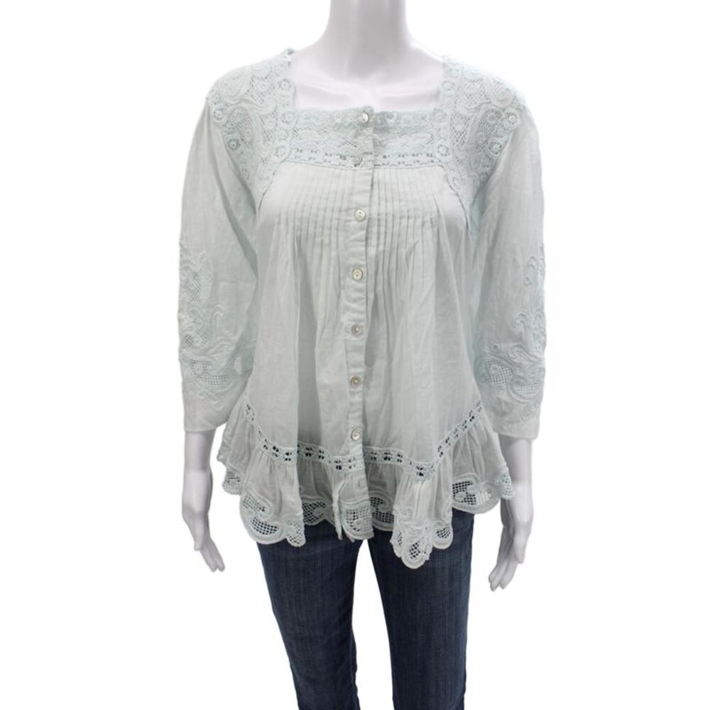 Farm Rio Women Tunic Light Blue Square Neck 3/4 Sleeve Cotton Solid Size XL